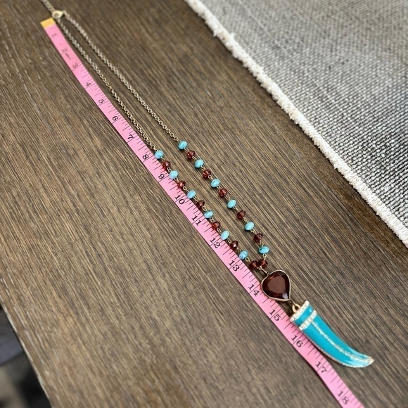Boho enamel pendant chain necklace, turquoise&brown fashion statement,faux - Picture 8 of 9